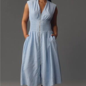 The Tommie Cap-Sleeve Smocked Front-Zip Shirt Dress: Linen Edition